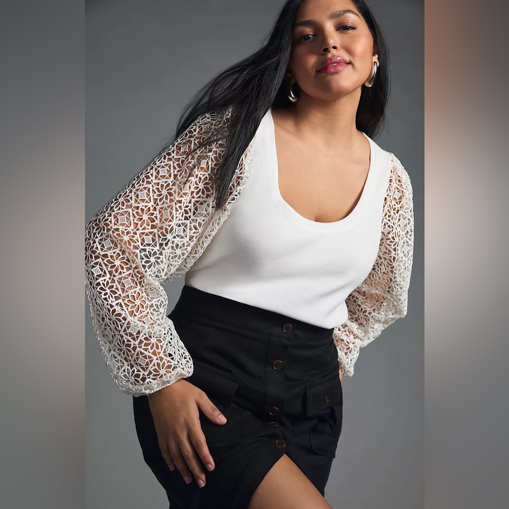 Anthropologie White Lace-Sleeve Scoop Neck Top